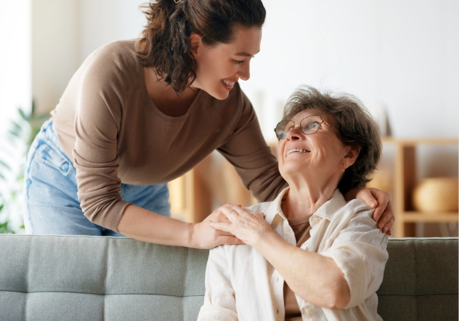 Happy patient and caregiver spending time together